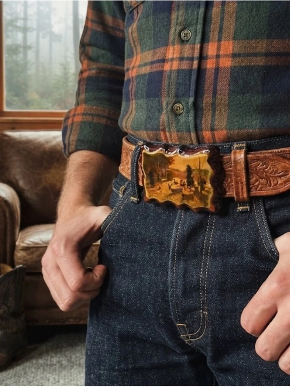 Vintage Tooled Leather Belt • Handmade Wood Resin Deer Buckle • Boho Western